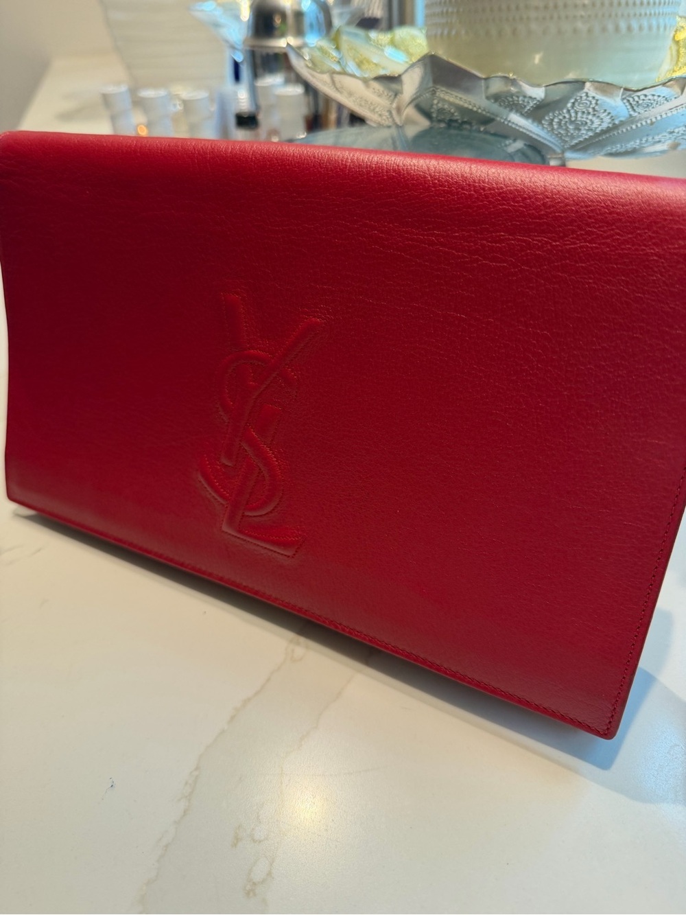 Yves Saint Laurent Red Leather Men's Wallet Clutch with Embossed YSL